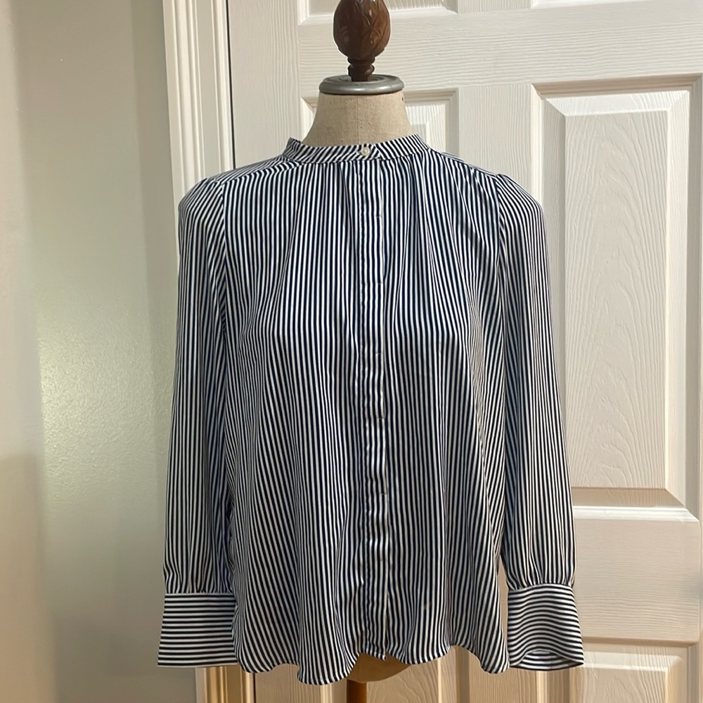 Loft blouse striped crossover back utility band collar blue white womens size MP